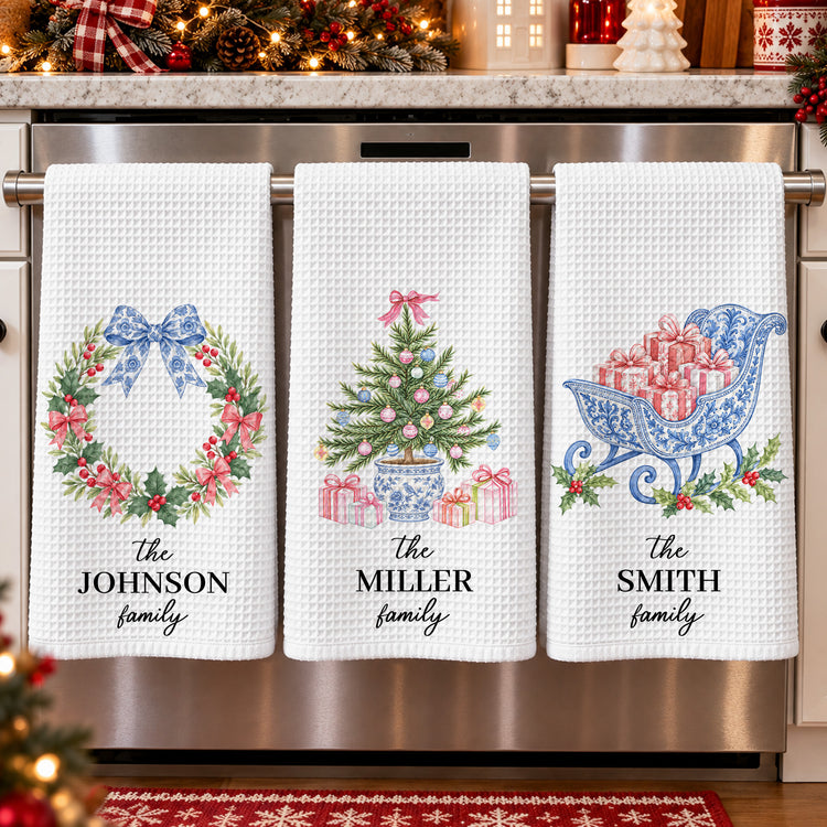 Chinoiserie Christmas Tree Tea Towel, Hostess Gift, Kitchen Holiday Decor - Personalized Kitchen Towel