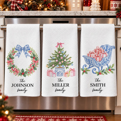 Chinoiserie Christmas Tree Tea Towel, Hostess Gift, Kitchen Holiday Decor - Personalized Kitchen Towel