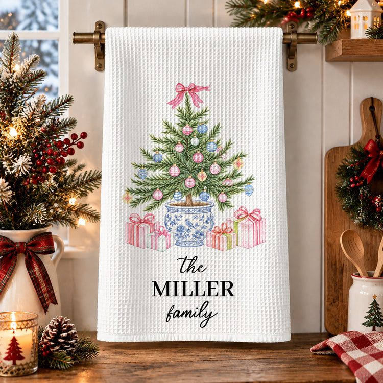 Chinoiserie Christmas Tree Tea Towel, Hostess Gift, Kitchen Holiday Decor - Personalized Kitchen Towel