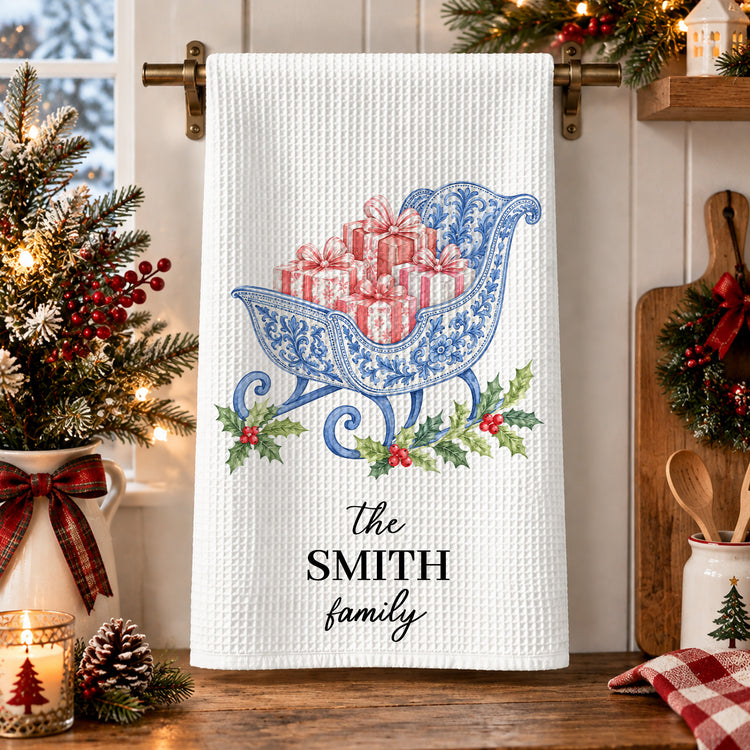 Chinoiserie Christmas Tree Tea Towel, Hostess Gift, Kitchen Holiday Decor - Personalized Kitchen Towel