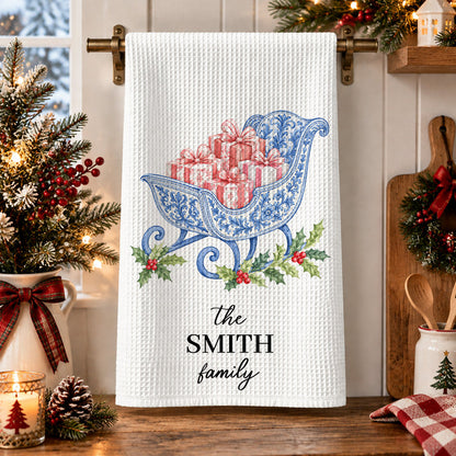Chinoiserie Christmas Tree Tea Towel, Hostess Gift, Kitchen Holiday Decor - Personalized Kitchen Towel