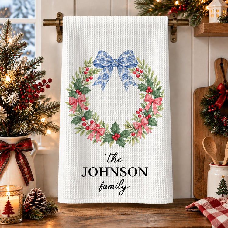 Chinoiserie Christmas Tree Tea Towel, Hostess Gift, Kitchen Holiday Decor - Personalized Kitchen Towel