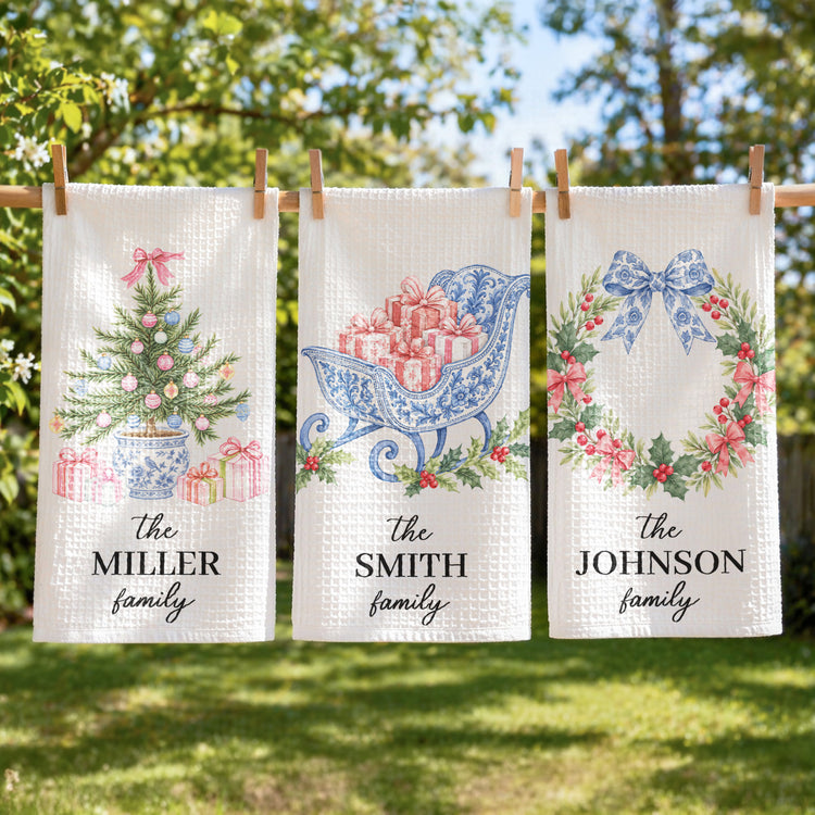 Chinoiserie Christmas Tree Tea Towel, Hostess Gift, Kitchen Holiday Decor - Personalized Kitchen Towel