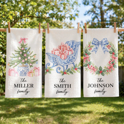 Chinoiserie Christmas Tree Tea Towel, Hostess Gift, Kitchen Holiday Decor - Personalized Kitchen Towel