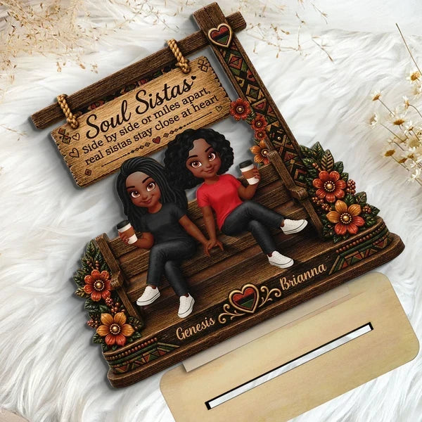 Personalized Layered Wooden Plaque, Soul Sistas Sharing Coffee on a Rustic Bench, Unique Gift for Best Friend