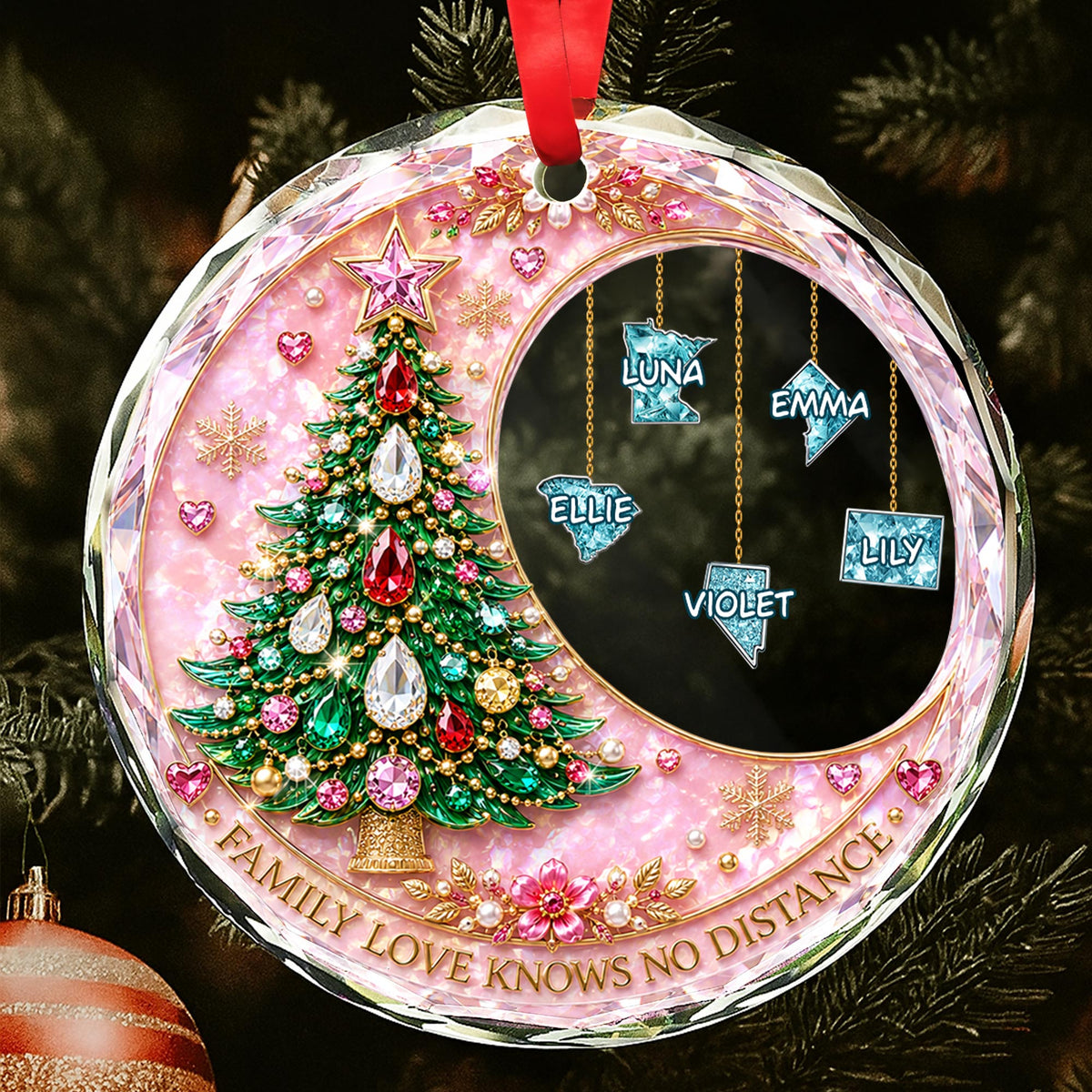 Family Love Knows No Distance With Christmas Tree And Custom States - Personalized Custom Circle Glass Ornament - FAM1187_CGOR