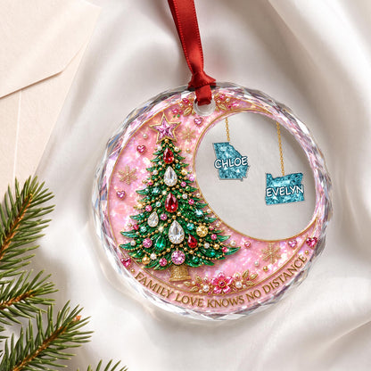 Family Love Knows No Distance With Christmas Tree And Custom States - Personalized Custom Circle Glass Ornament - FAM1187_CGOR