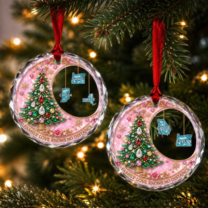 Family Love Knows No Distance With Christmas Tree And Custom States - Personalized Custom Circle Glass Ornament - FAM1187_CGOR