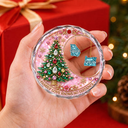 Family Love Knows No Distance With Christmas Tree And Custom States - Personalized Custom Circle Glass Ornament - FAM1187_CGOR