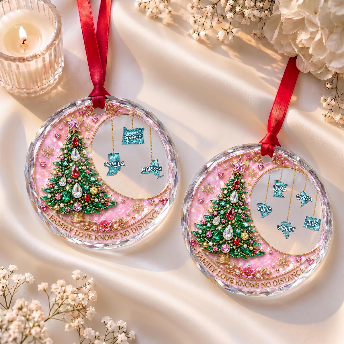 Family Love Knows No Distance With Christmas Tree And Custom States - Personalized Custom Circle Glass Ornament - FAM1187_CGOR