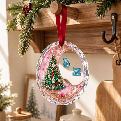 Family Love Knows No Distance With Christmas Tree And Custom States - Personalized Custom Circle Glass Ornament - FAM1187_CGOR