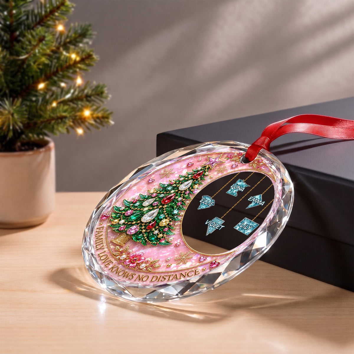 Family Love Knows No Distance With Christmas Tree And Custom States - Personalized Custom Circle Glass Ornament - FAM1187_CGOR