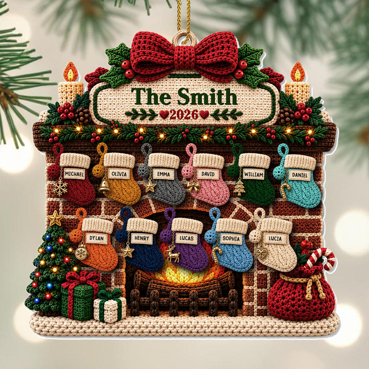 The Family Fireplace With Christmas Stockings And Tree - Personalized Custom Acrylic Ornament, Christmas Gift - FAM1199_ACO