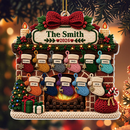 The Family Fireplace With Christmas Stockings And Tree - Personalized Custom Acrylic Ornament, Christmas Gift - FAM1199_ACO