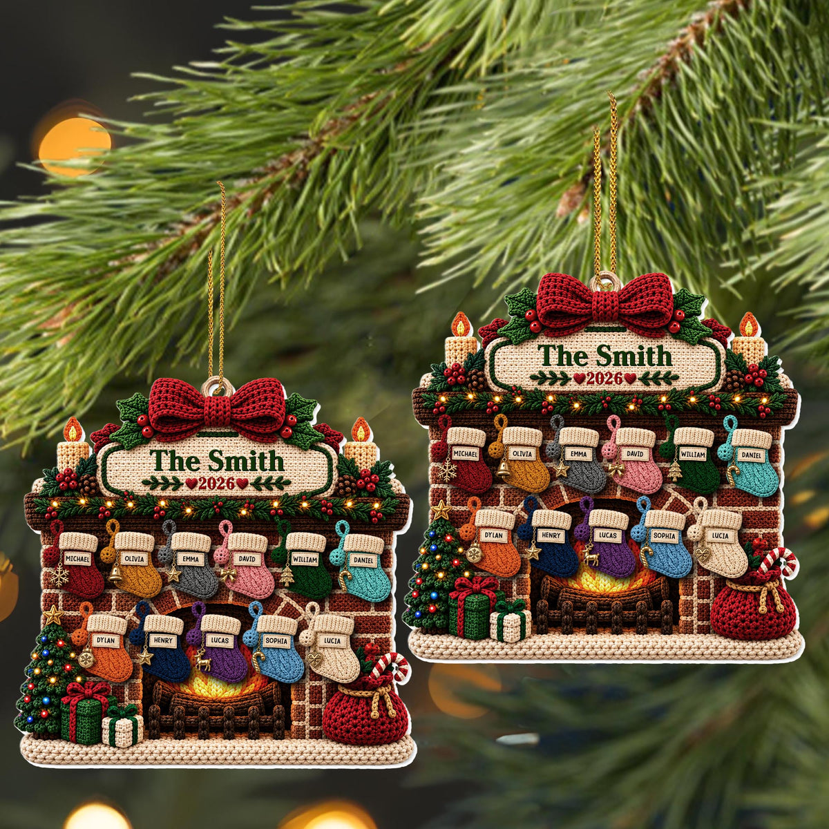 The Family Fireplace With Christmas Stockings And Tree - Personalized Custom Acrylic Ornament, Christmas Gift - FAM1199_ACO