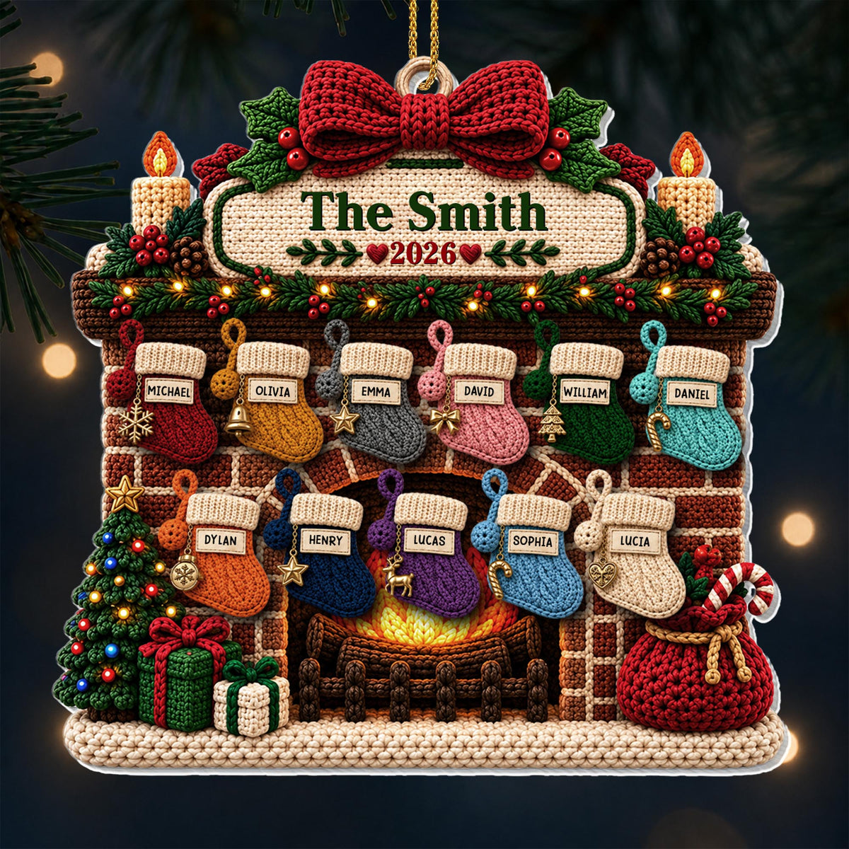 The Family Fireplace With Christmas Stockings And Tree - Personalized Custom Acrylic Ornament, Christmas Gift - FAM1199_ACO