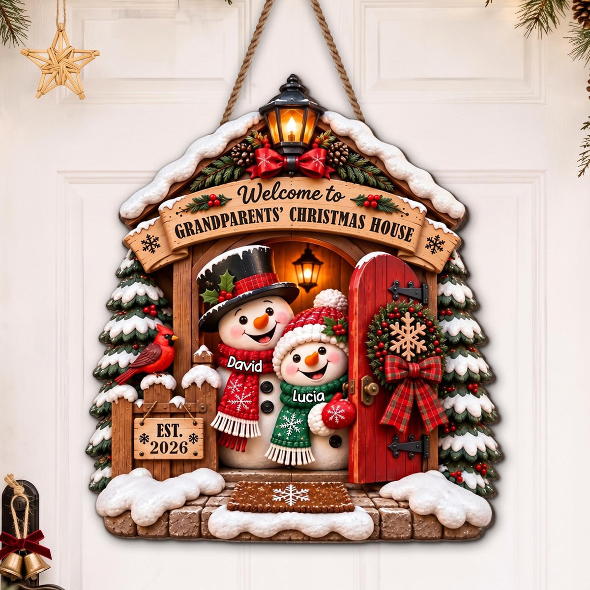 Personalized Snowman And Cardinal Grandparents Wood Sign