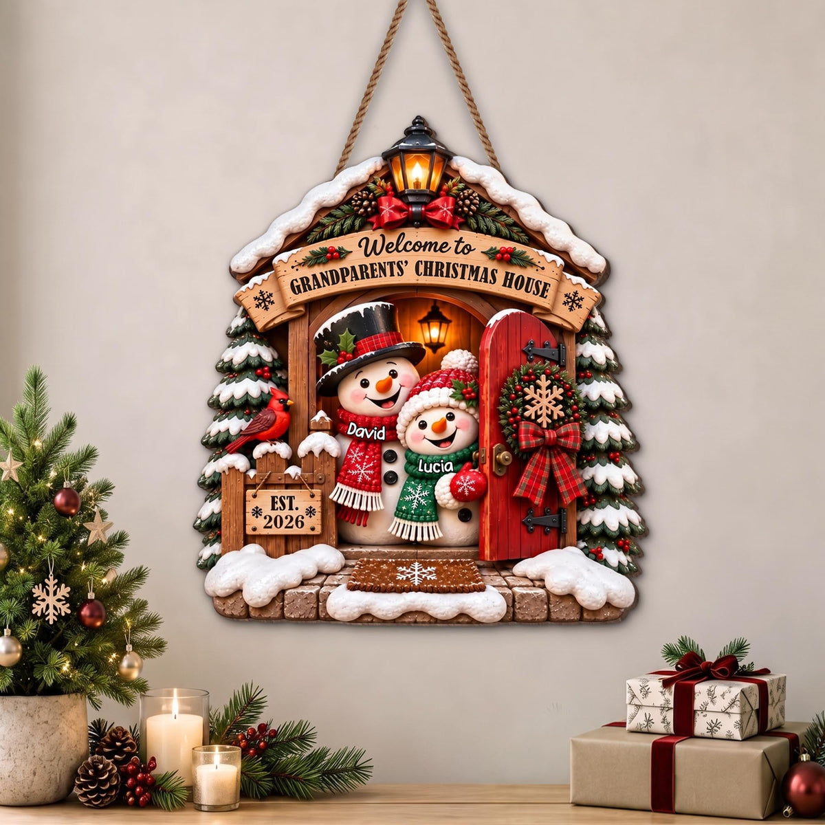 Personalized Snowman And Cardinal Grandparents Wood Sign