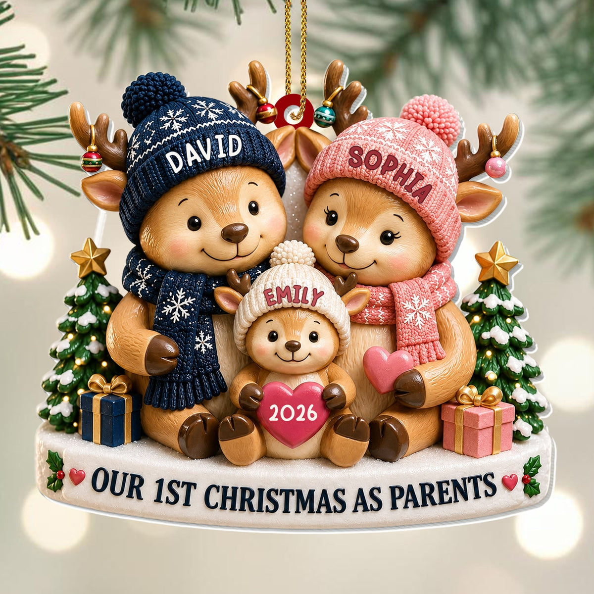 First Christmas as Parents Acrylic Ornament, Huddled Reindeer Family Keepsake, Creative Gift for Family