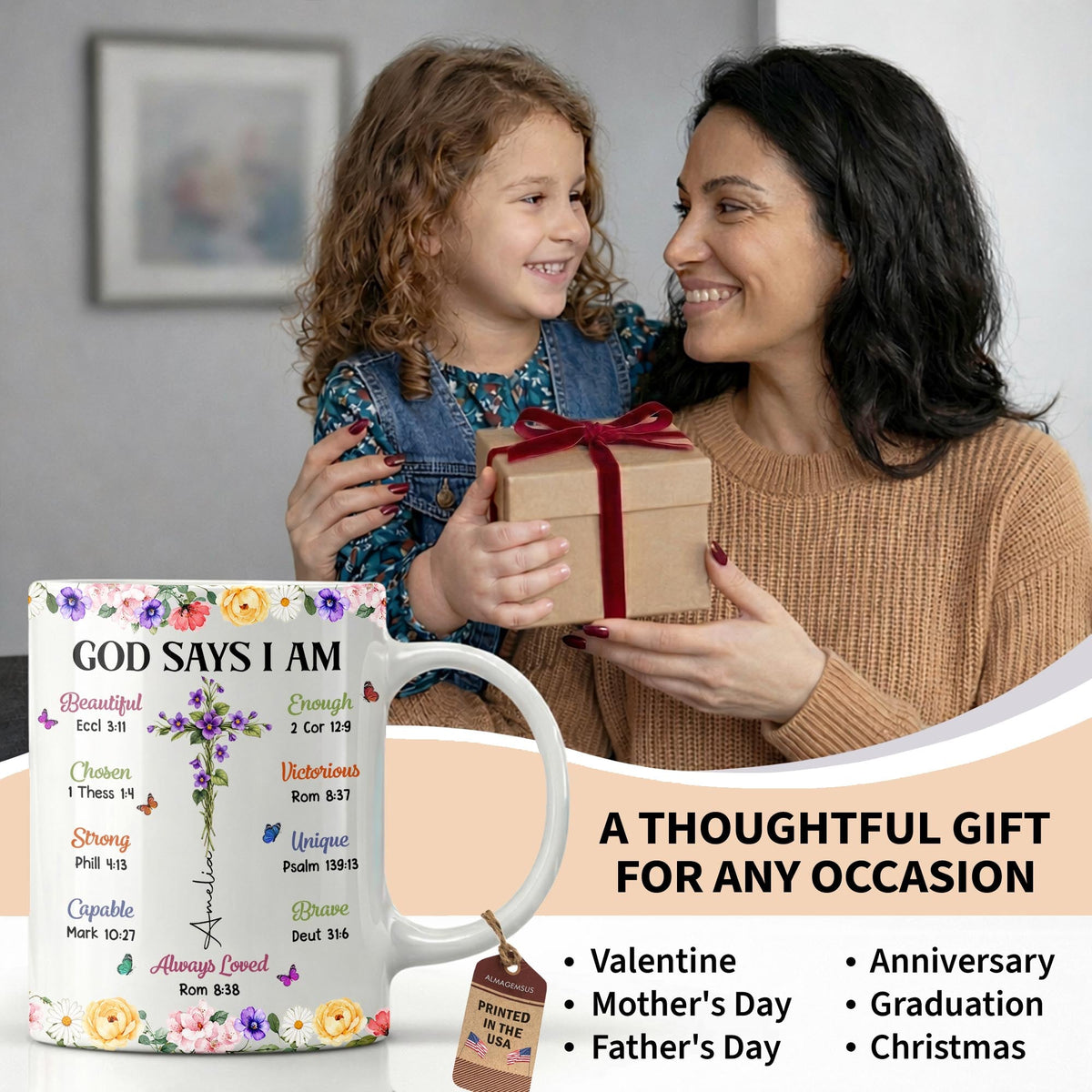 God Says I Am With Floral Cross And Butterflies - Personalized Custom Coffee Mug - FTH191_MG