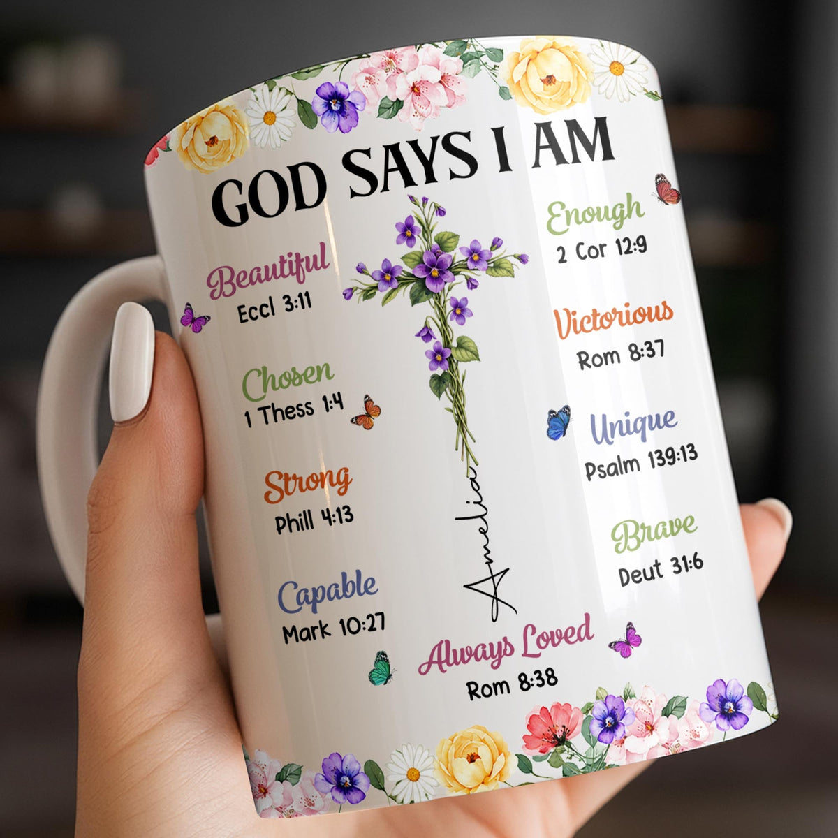 God Says I Am With Floral Cross And Butterflies - Personalized Custom Coffee Mug - FTH191_MG