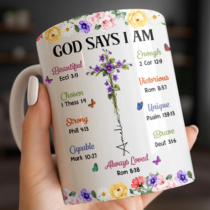 God Says I Am With Floral Cross And Butterflies - Personalized Custom Coffee Mug - FTH191_MG