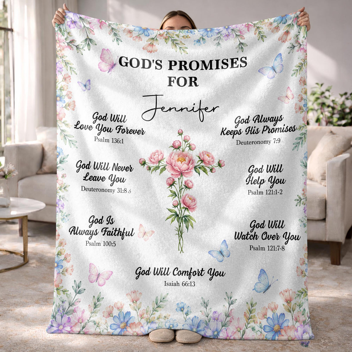 God's Promises For My Floral Cross And Butterflies - Personalized Custom Blanket - FTH193_BLK