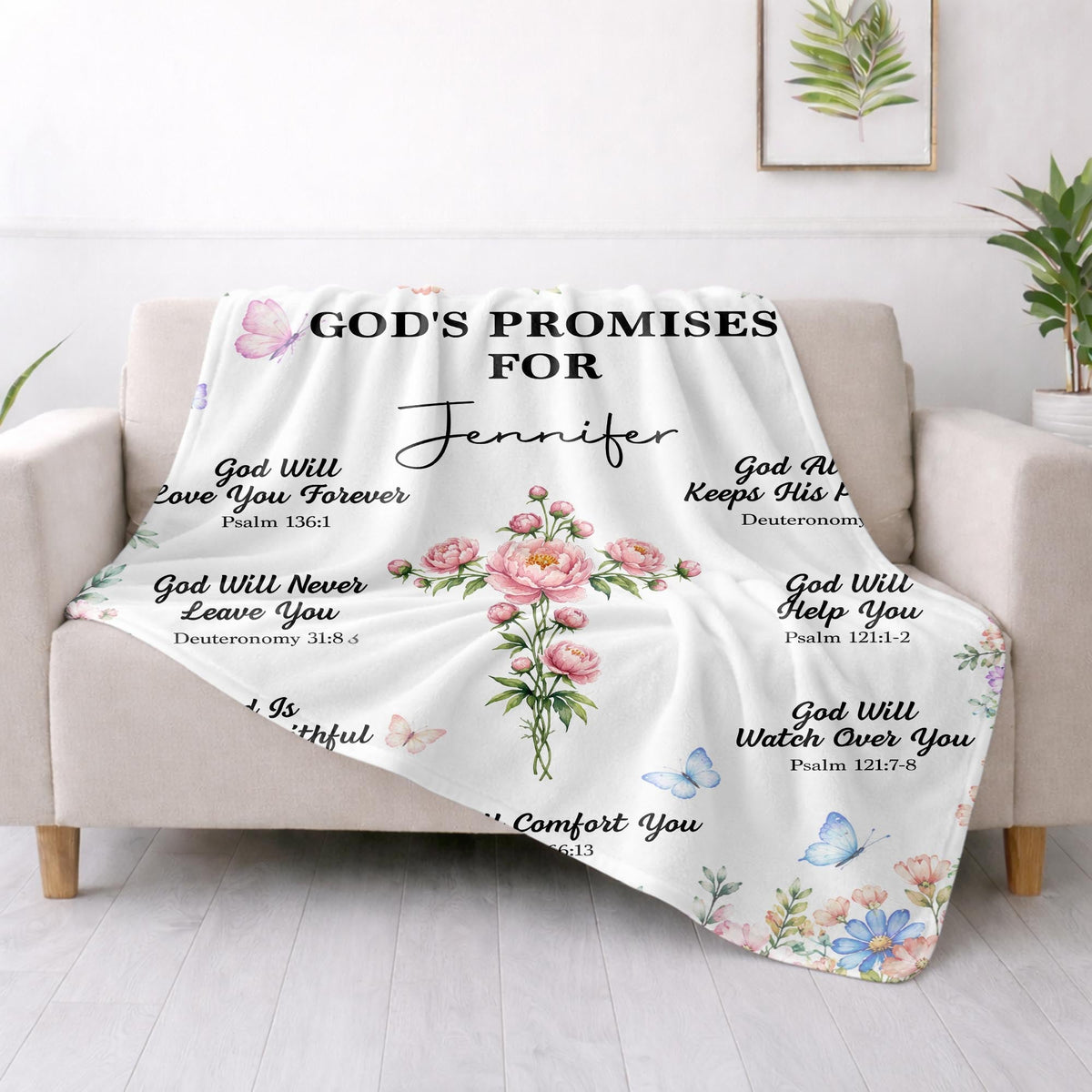 God's Promises For My Floral Cross And Butterflies - Personalized Custom Blanket - FTH193_BLK