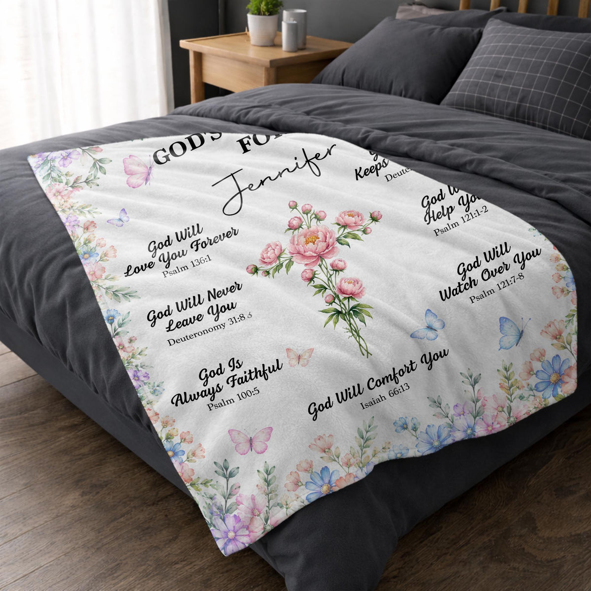 God's Promises For My Floral Cross And Butterflies - Personalized Custom Blanket - FTH193_BLK