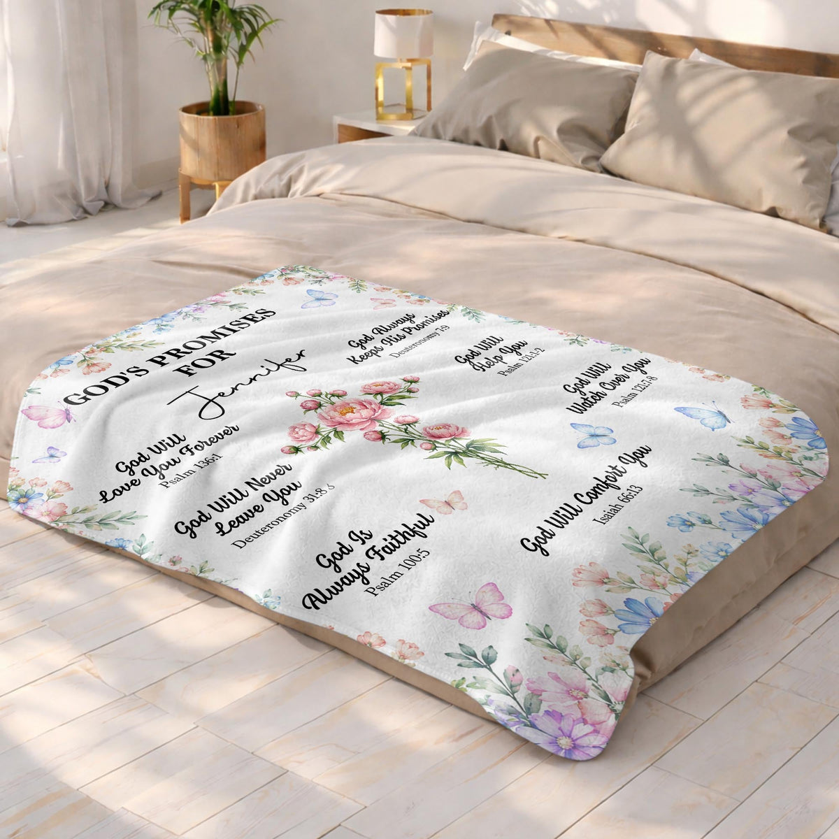 God's Promises For My Floral Cross And Butterflies - Personalized Custom Blanket - FTH193_BLK