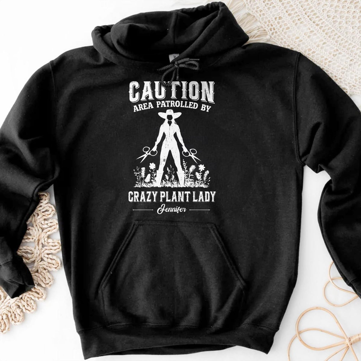 Caution Area Patrolled By Crazy Plant Lady With Gardening Shears And Flowers - Personalized Custom Unisex T-shirt, Hoodie - GAR124_BBAS