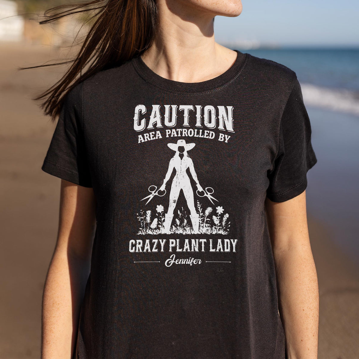 Caution Area Patrolled By Crazy Plant Lady With Gardening Shears And Flowers - Personalized Custom Unisex T-shirt, Hoodie - GAR124_BBAS