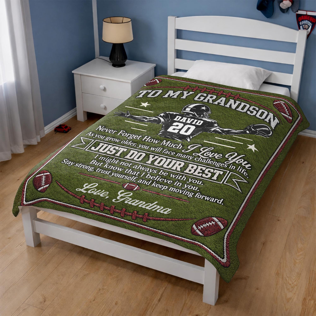 Personalized Grandson American Football Player Warm Fleece Blanket