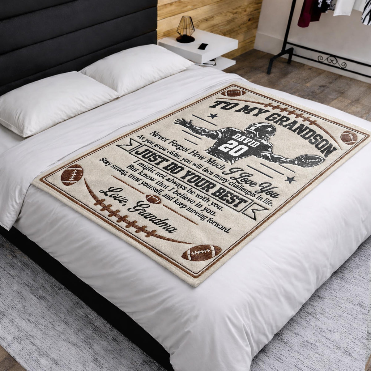 Personalized Grandson American Football Player Warm Fleece Blanket