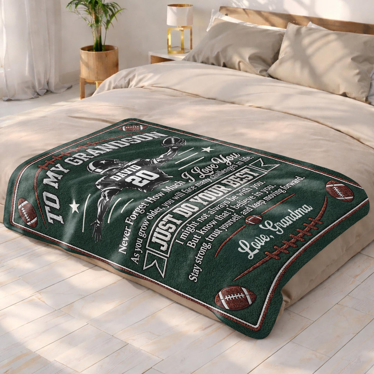 Personalized Grandson American Football Player Warm Fleece Blanket