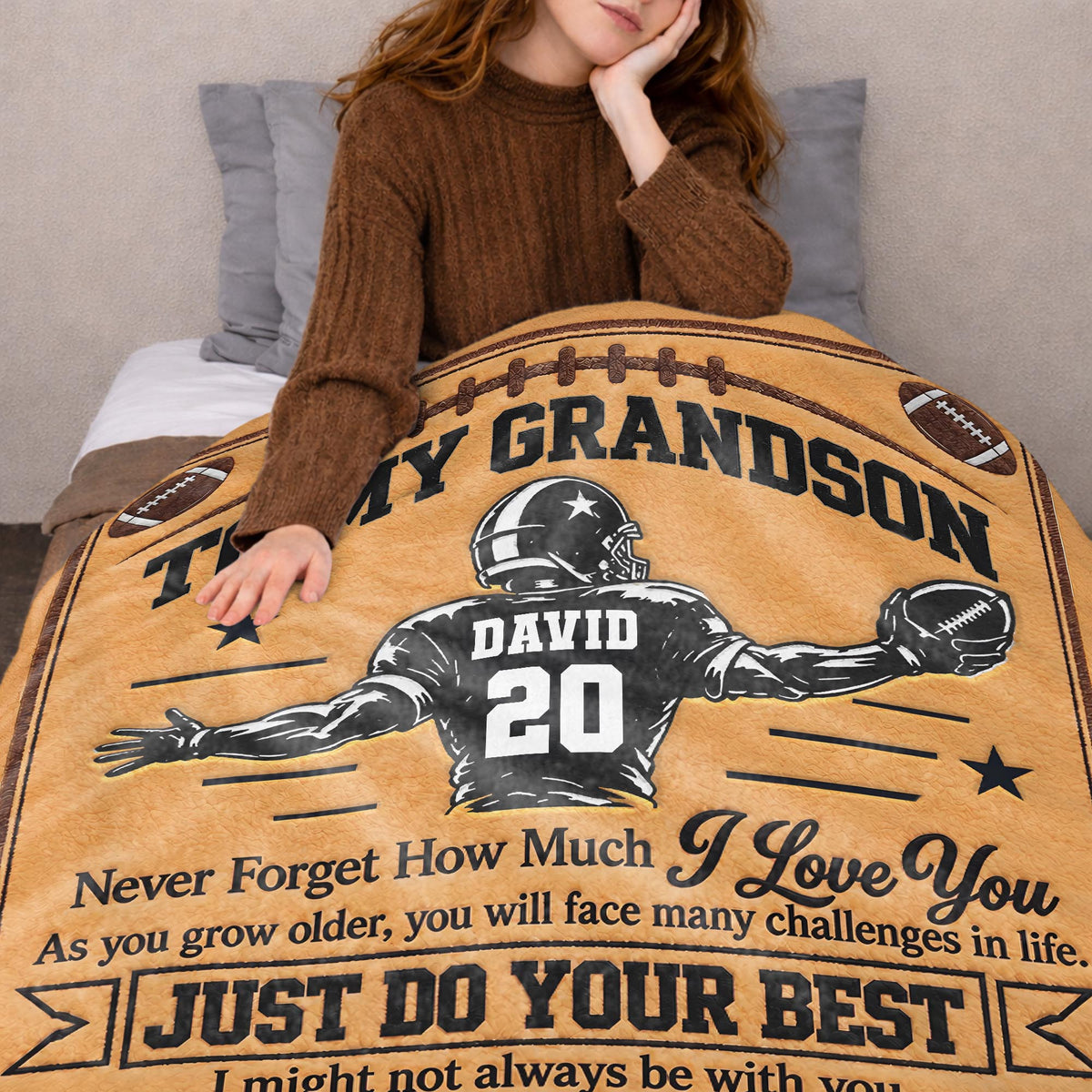Personalized Grandson American Football Player Warm Fleece Blanket