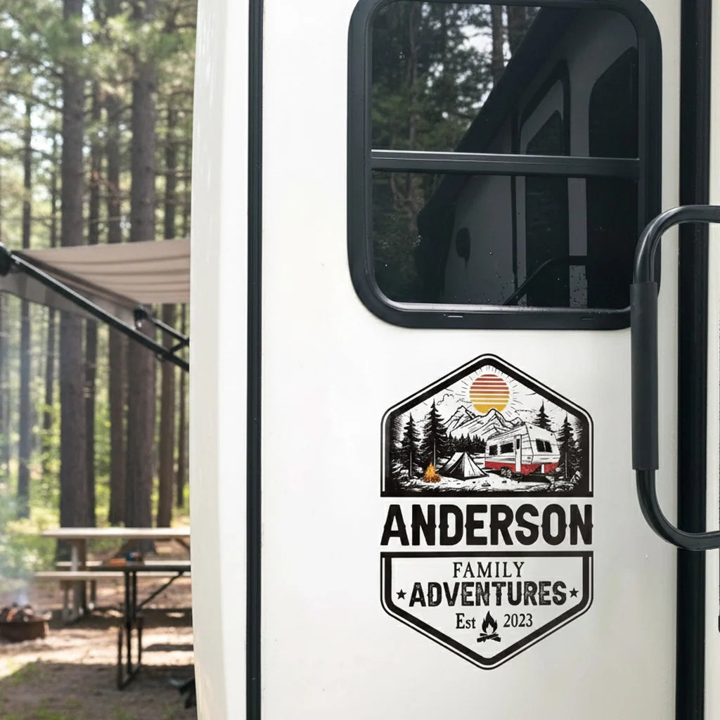 Personalized Sticker Decal for RV Camper Family Adventures Badge, Mountain Camping Scene, Unique Gift for Travel Lovers