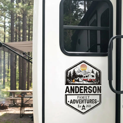 Personalized Sticker Decal for RV Camper Family Adventures Badge, Mountain Camping Scene, Unique Gift for Travel Lovers