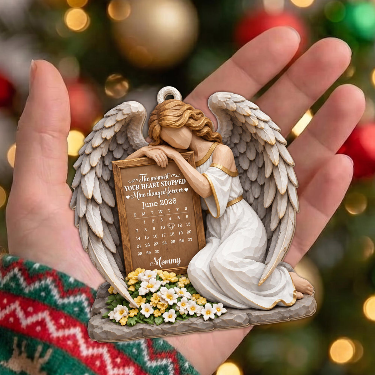 Personalized Angel Calendar Memorial Flowers Wood Ornament