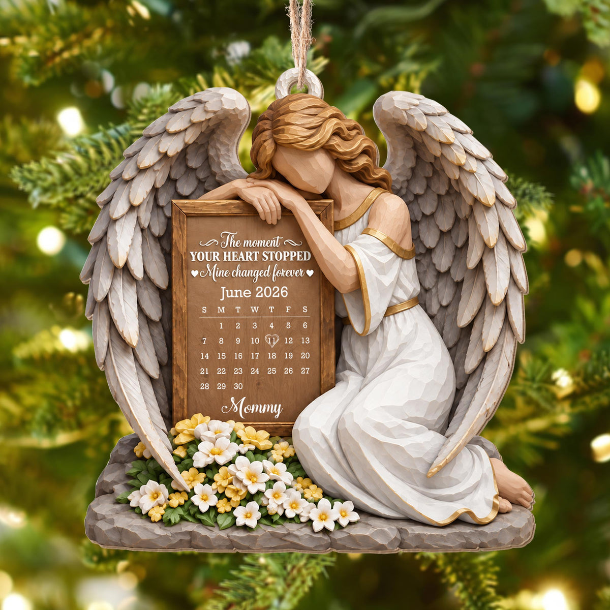 Personalized Angel Calendar Memorial Flowers Wood Ornament