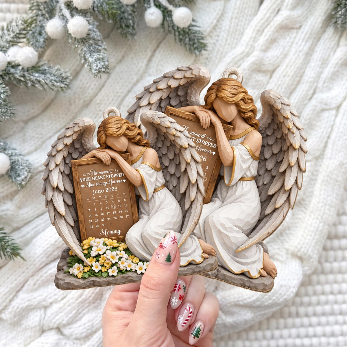 Personalized Angel Calendar Memorial Flowers Wood Ornament