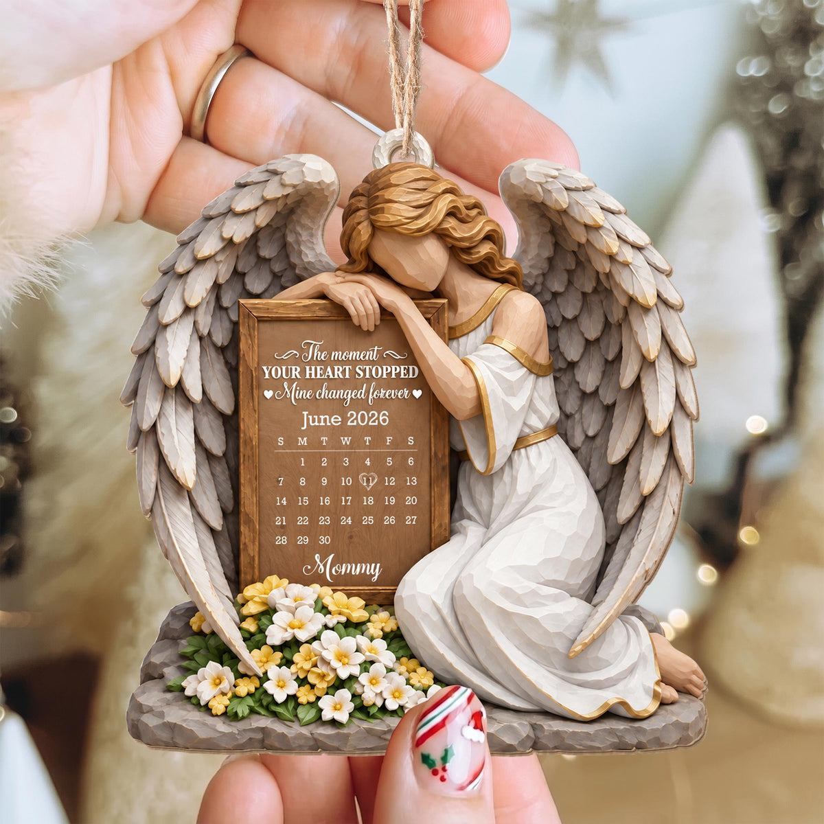 Personalized Angel Calendar Memorial Flowers Wood Ornament