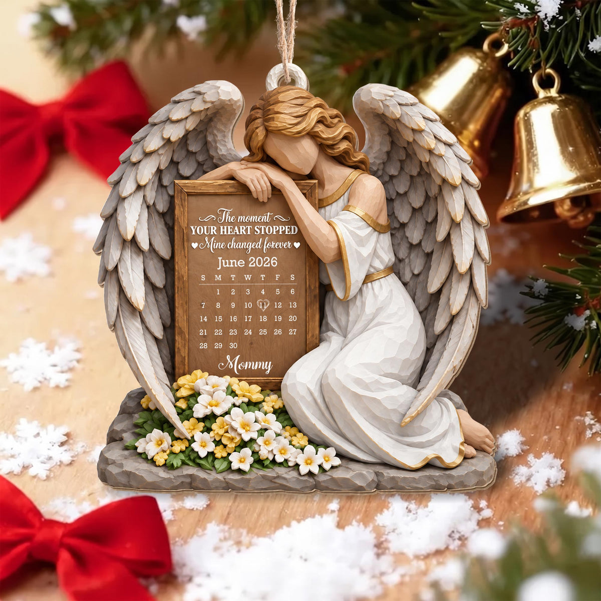 Personalized Angel Calendar Memorial Flowers Wood Ornament