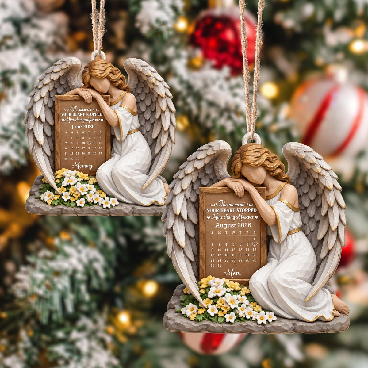 Personalized Angel Calendar Memorial Flowers Wood Ornament