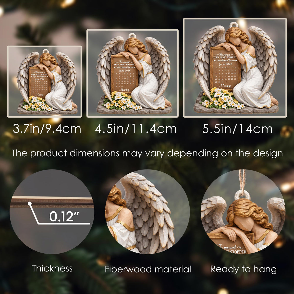 Personalized Angel Calendar Memorial Flowers Wood Ornament