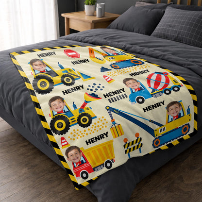 A Busy Day On The Construction Site With Excavator And Bulldozer - Personalized Custom Blanket - HOB647_BLK