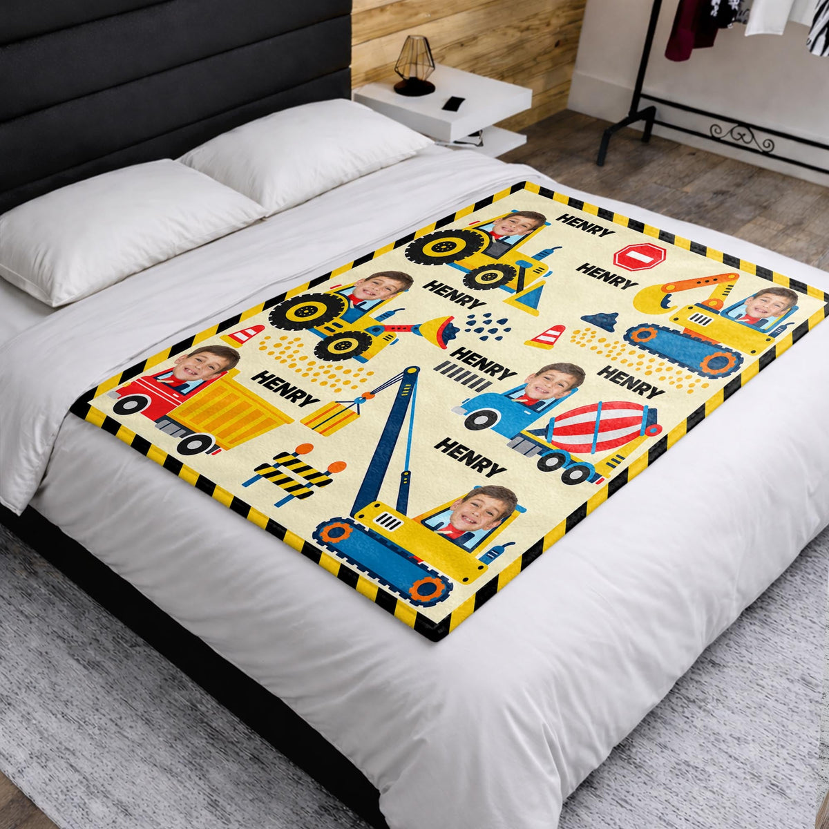 A Busy Day On The Construction Site With Excavator And Bulldozer - Personalized Custom Blanket - HOB647_BLK