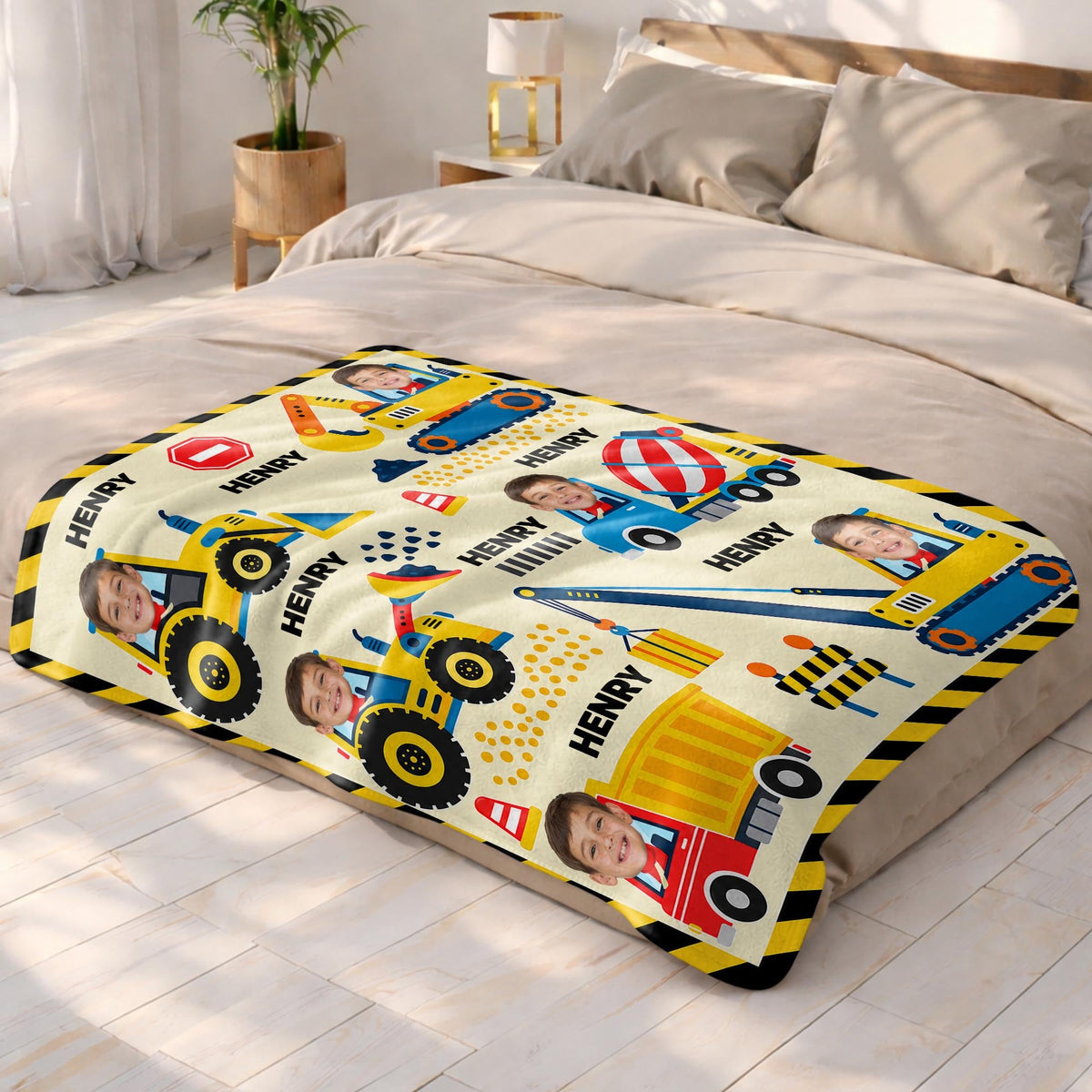 A Busy Day On The Construction Site With Excavator And Bulldozer - Personalized Custom Blanket - HOB647_BLK
