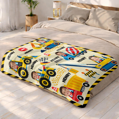 A Busy Day On The Construction Site With Excavator And Bulldozer - Personalized Custom Blanket - HOB647_BLK