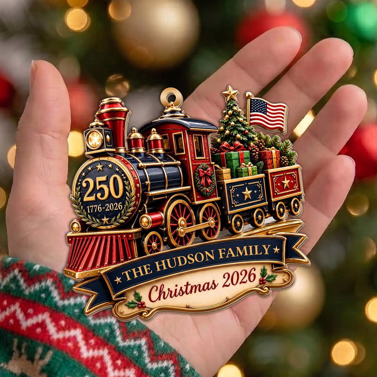 Personalized Patriotic Steam Train 250th Wood Ornament